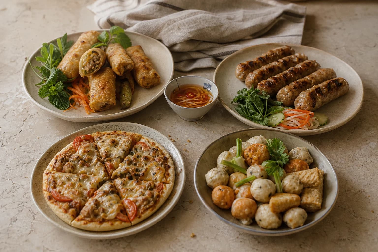 Chả giò, lạp xưởng, pizza và viên thả lẩu được bày trên bàn bếp